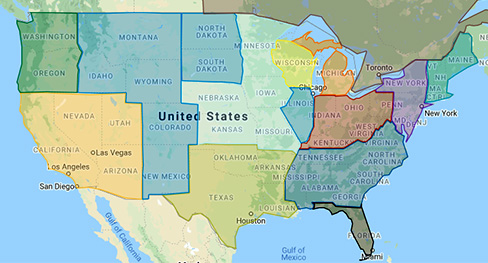 Map of the United States with Blue Photon sales distribution areas color coded for easy reference.