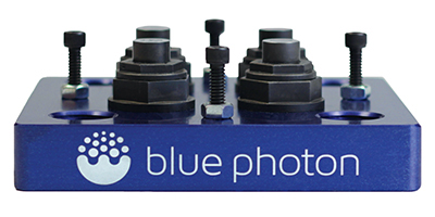 Blue Photon Gripper Fixture emblazoned with the Blue Photon logo